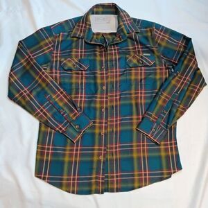 Eddie Bauer Teal Flannel Plaid Shirt Men's M Yellow Red Long Sleeve Polyester